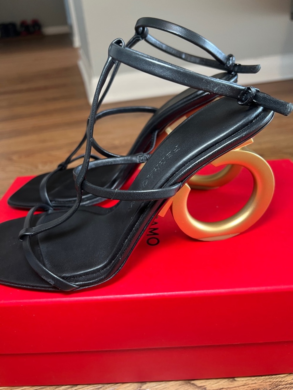 Salvatore Ferragamo Black Strappy Square-Toe Stiletto Sandals